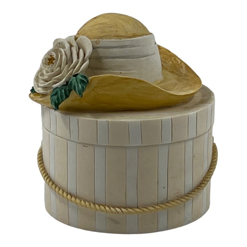 Vintage Trinket Box Yellow Sun Hat & White Striped Floral Roses Twos Company